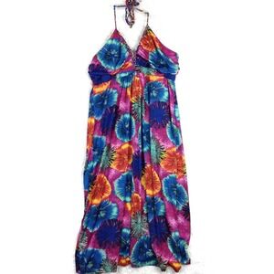 Hypnotik‎ Womens Dress Halter Maxi Tropical Coral Floral Blue Bright Plus 3X